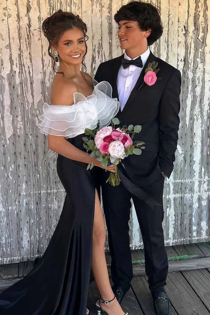 Black Elegant Off Shoulder Mermaid Ruffle Formal Slit Ball Gown