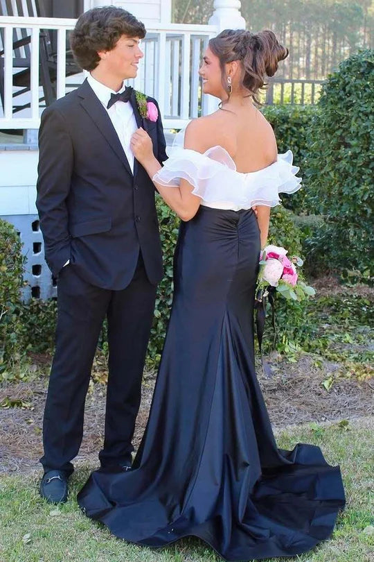 Black Elegant Off Shoulder Mermaid Ruffle Formal Slit Ball Gown