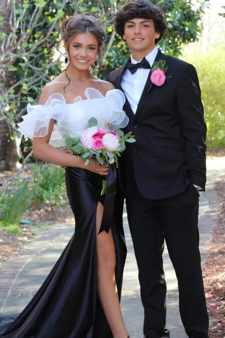 Black Elegant Off Shoulder Mermaid Ruffle Formal Slit Ball Gown
