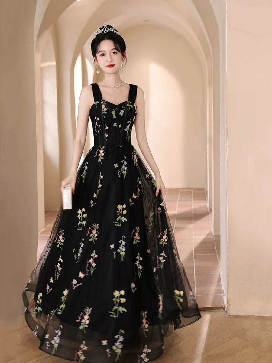 Black Floral Tulle Sweetheart Neck Floor Length Prom Dress Evening Party Dress