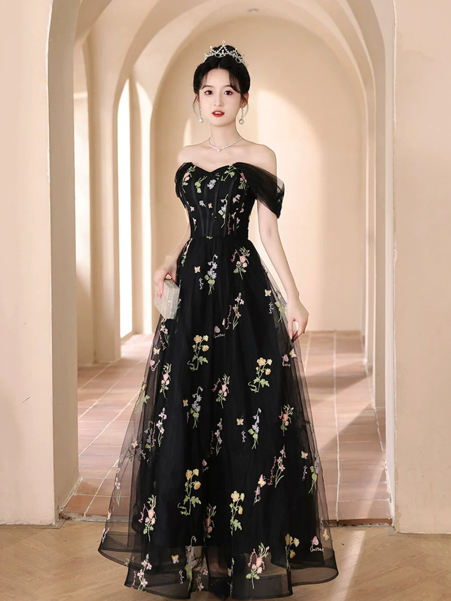 Black Floral Tulle Sweetheart Neck Floor Length Prom Dress Evening Party Dress