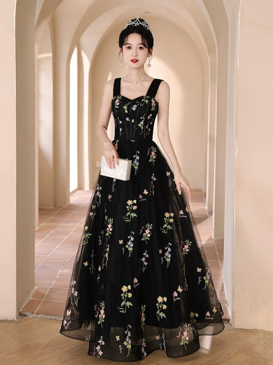 Black Floral Tulle Sweetheart Neck Floor Length Prom Dress Evening Party Dress