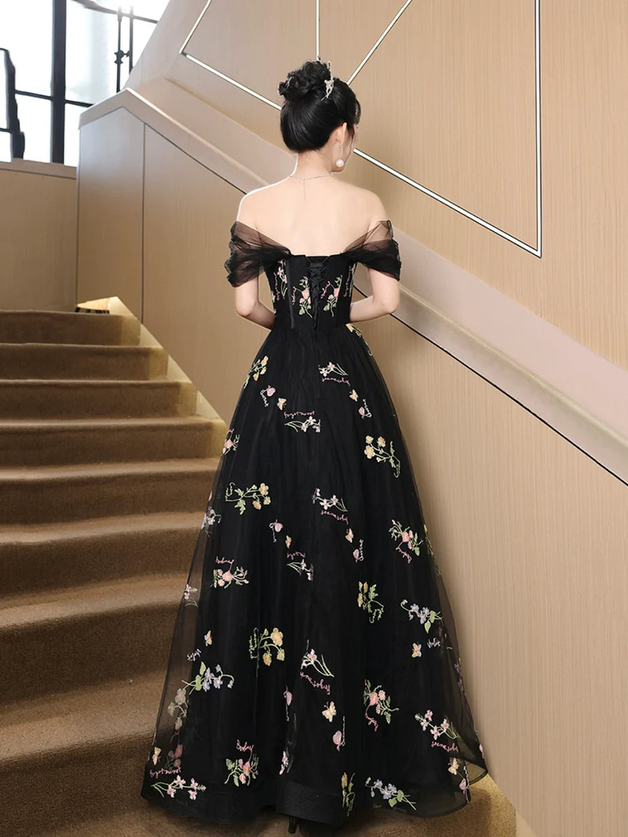 Black Floral Tulle Sweetheart Neck Floor Length Prom Dress Evening Party Dress