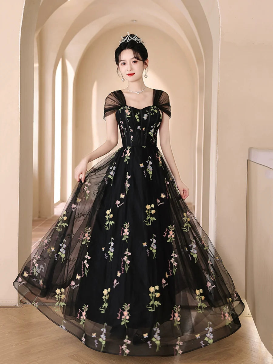 Black Floral Tulle Sweetheart Neck Floor Length Prom Dress Evening Party Dress
