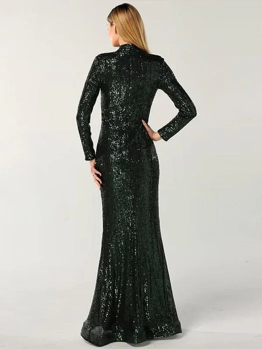 Black Green Long Sleeve Cutout Sexy Mermaid Prom Dress Inexpensive Black Green Party Dresses