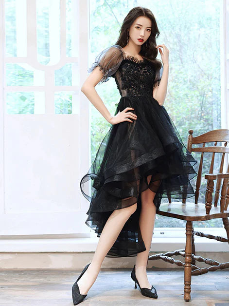 Black High Low Tulle A-line With Lace Applique Party Dress