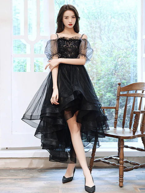 Black High Low Tulle A-line With Lace Applique Party Dress