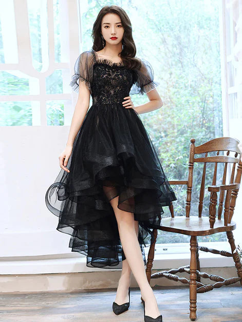 Black High Low Tulle A-line With Lace Applique Party Dress