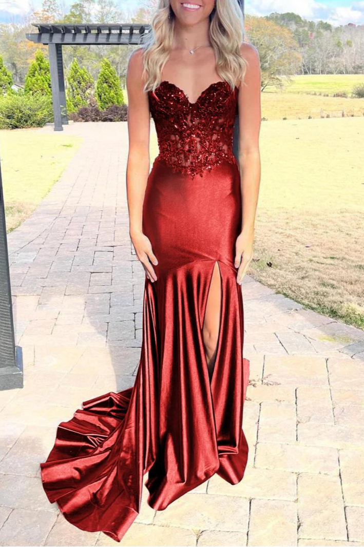 Black Floral Lace Satin Sequins Sweetheart Neck Mermaid Slit Evening Dress With Train