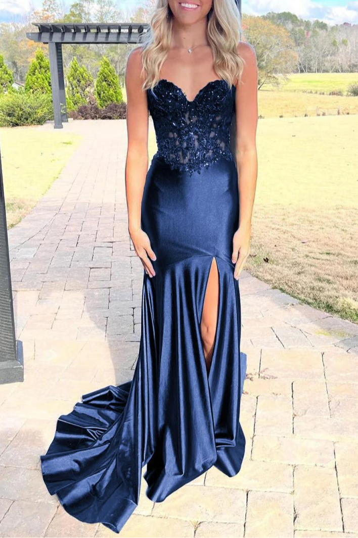 Black Floral Lace Satin Sequins Sweetheart Neck Mermaid Slit Evening Dress With Train