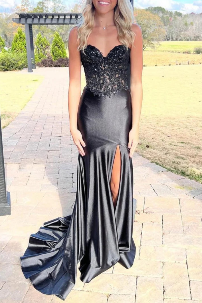 Black Floral Lace Satin Sequins Sweetheart Neck Mermaid Slit Evening Dress With Train