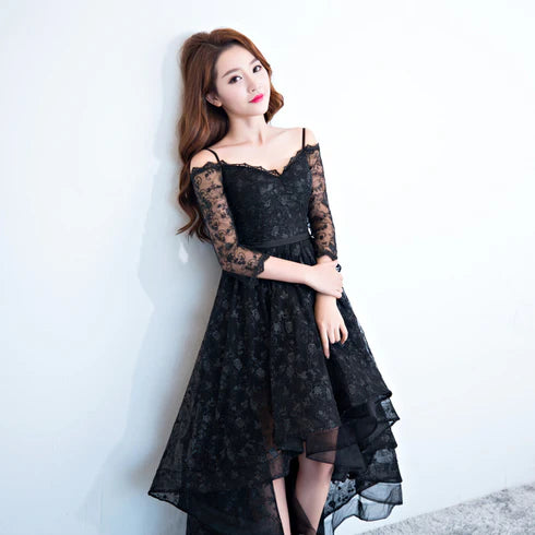 Black Lace V-neckline Spaghetti Straps High Low Homecoming Dress Formal Dress