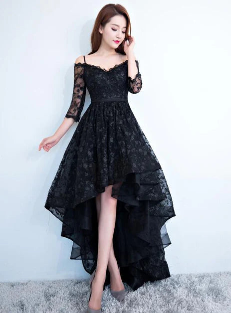 Black Lace V-neckline Spaghetti Straps High Low Homecoming Dress Formal Dress