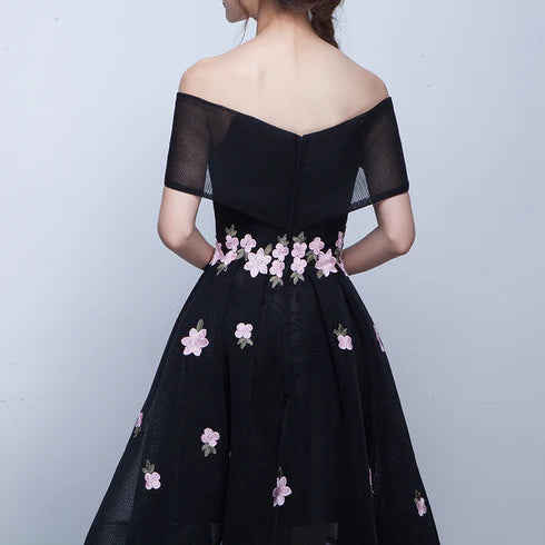 Black Lace with Flower Off Shoulder High Low Short Party Dresses Homecoming Dresses