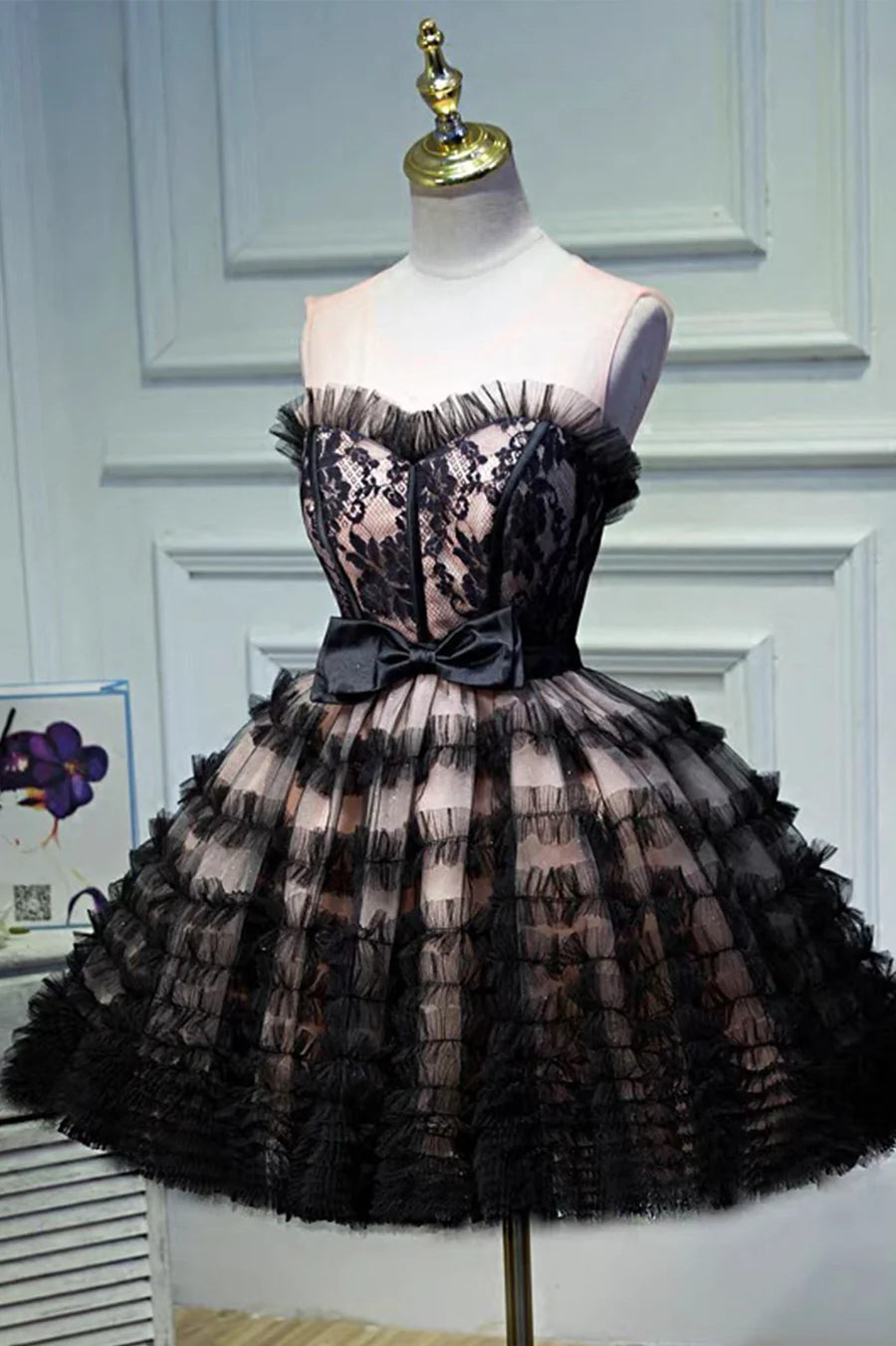 Black Layers Tulle Lace With Bow Strapless Short Prom Dress A-Line Homecoming Party Dress