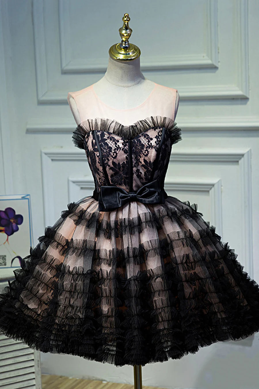 Black Layers Tulle Lace With Bow Strapless Short Prom Dress A-Line Homecoming Party Dress