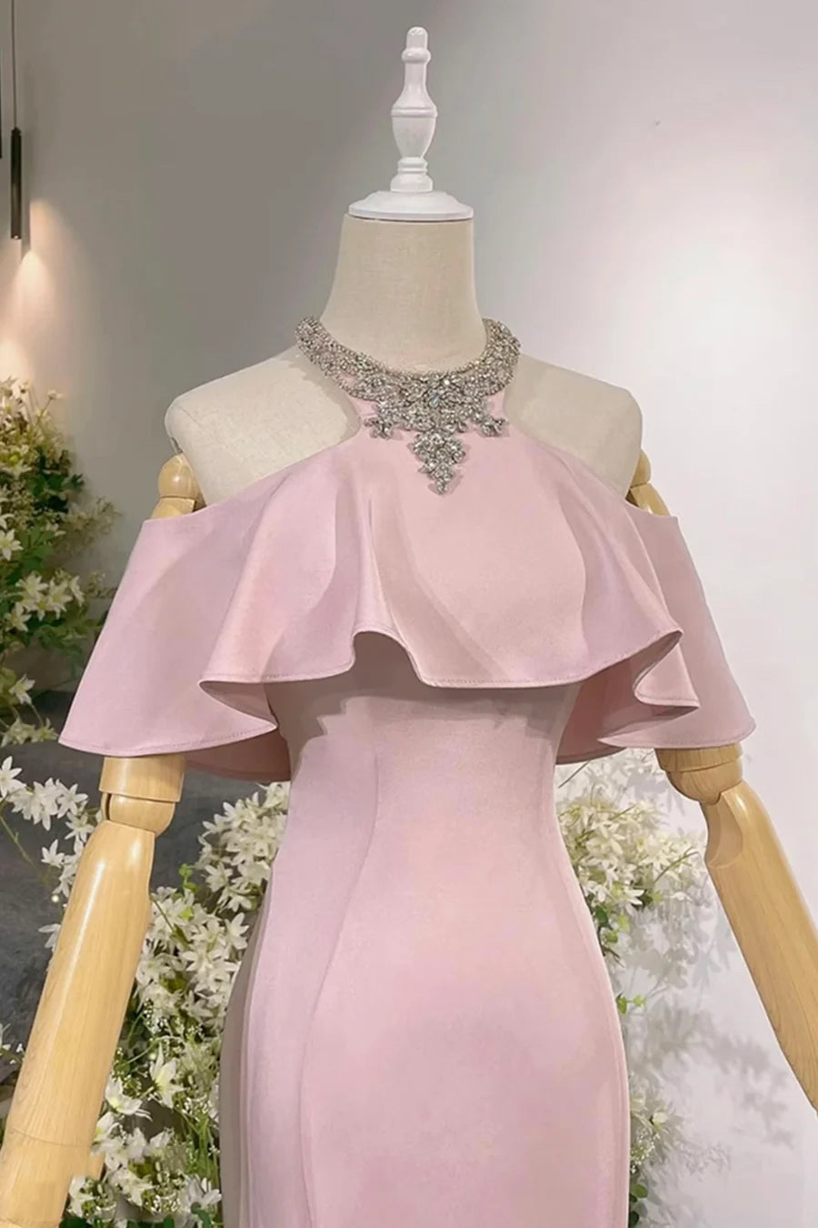 Black Mermaid Halter Floor length Long Prom Dress Evening Party Dress With Rhinestones