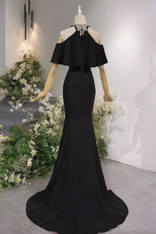 Black Mermaid Halter Floor length Long Prom Dress Evening Party Dress With Rhinestones