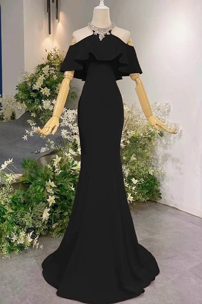 Black Mermaid Halter Floor length Long Prom Dress Evening Party Dress With Rhinestones