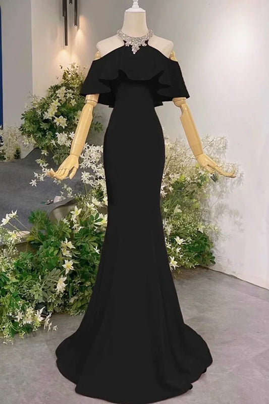 Black Mermaid Halter Floor length Long Prom Dress Evening Party Dress With Rhinestones