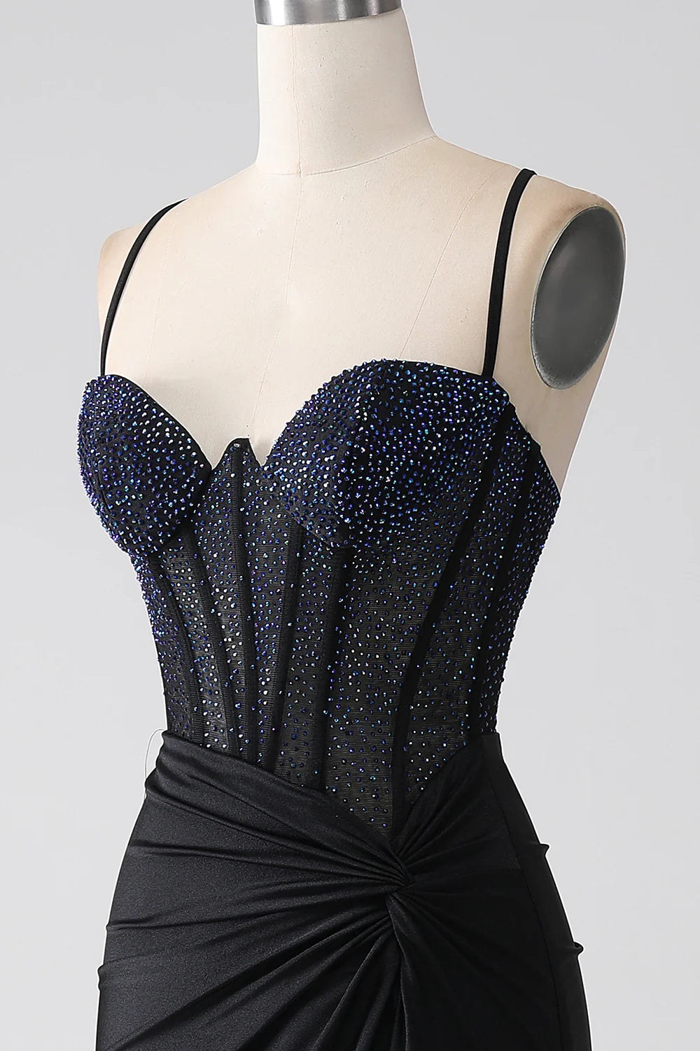 Black Mermaid Spaghetti Straps Floor Length Corset Prom Dress With Beading Black Evening Dress