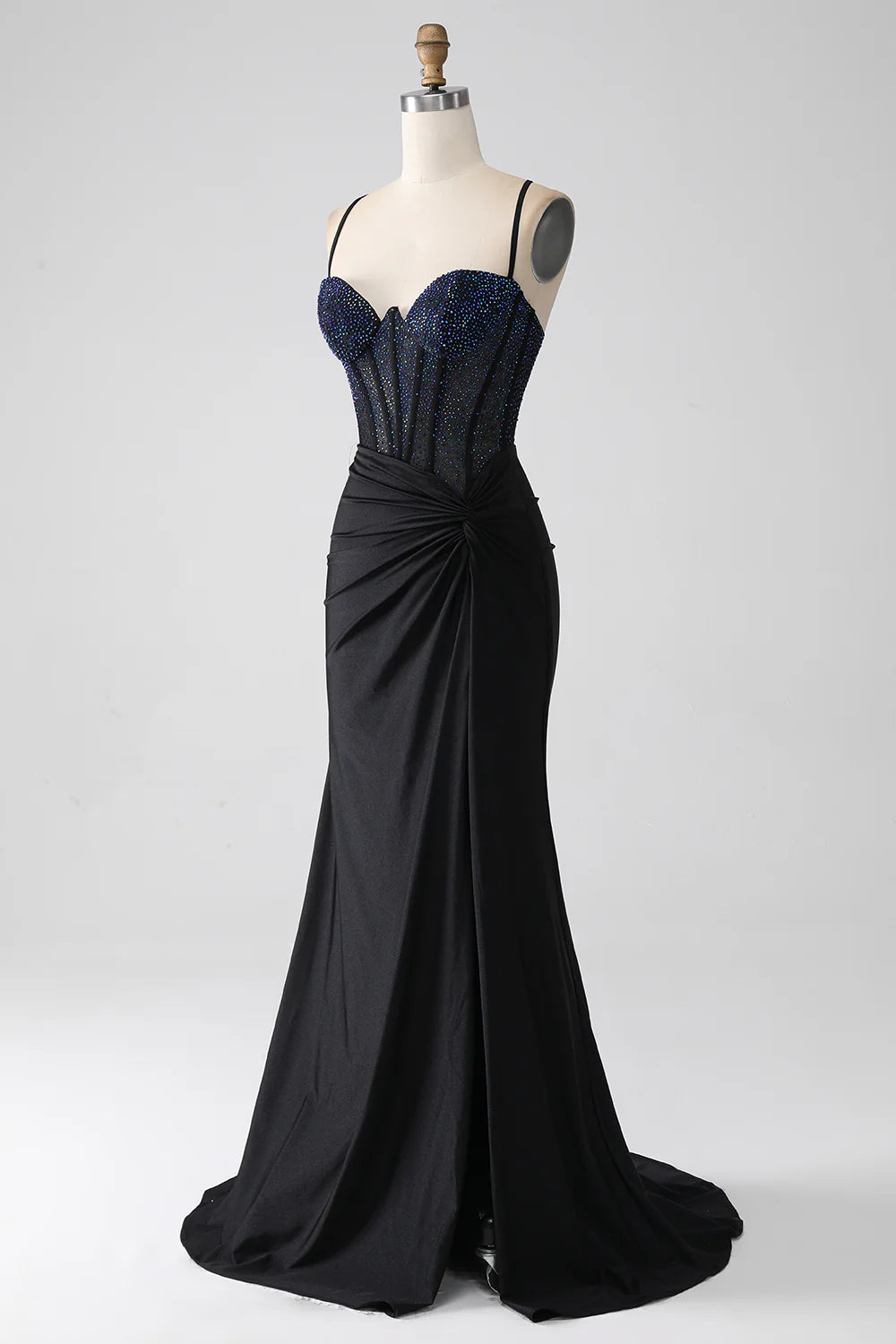 Black Mermaid Spaghetti Straps Floor Length Corset Prom Dress With Beading Black Evening Dress