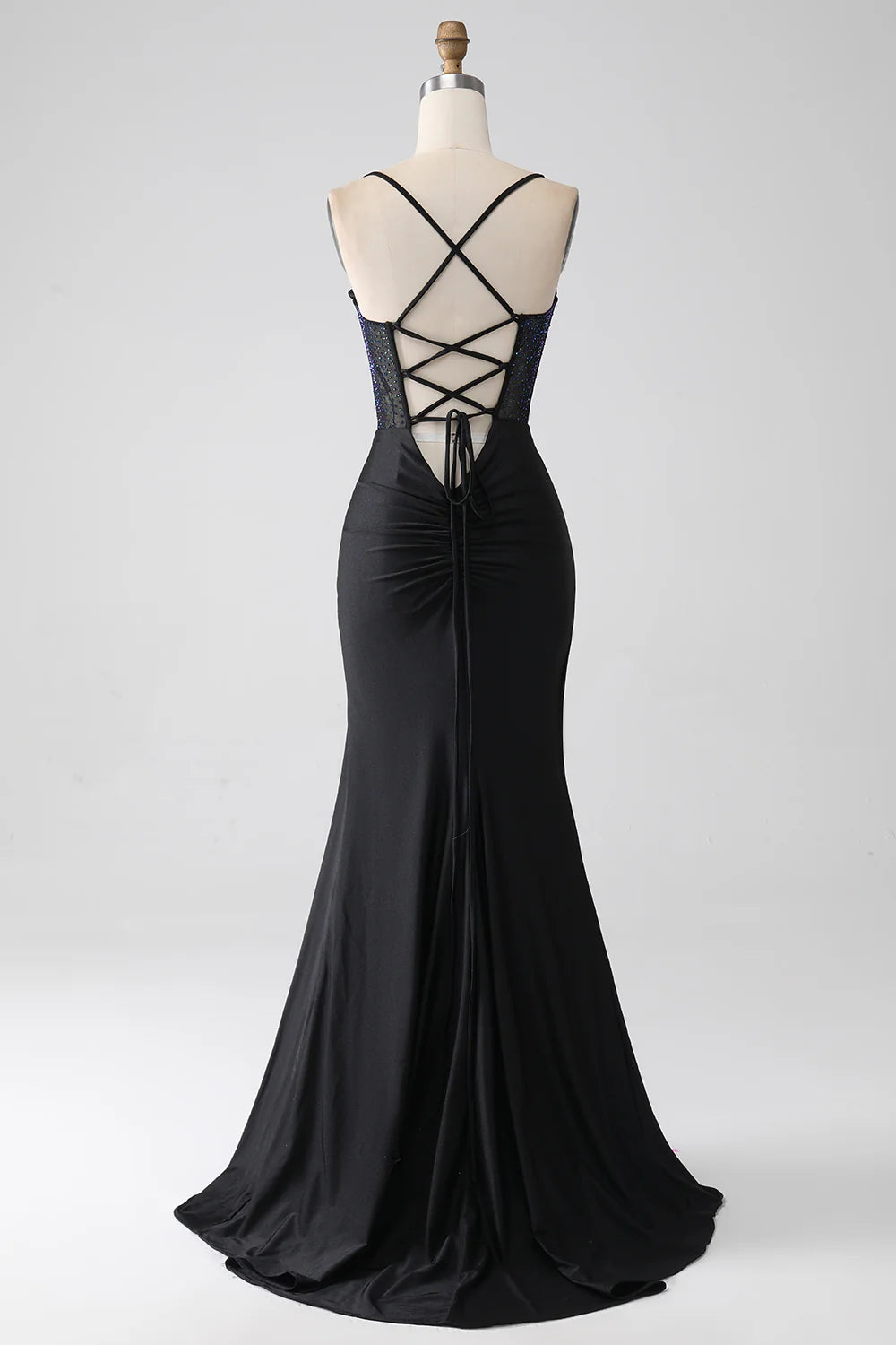 Black Mermaid Spaghetti Straps Floor Length Corset Prom Dress With Beading Black Evening Dress