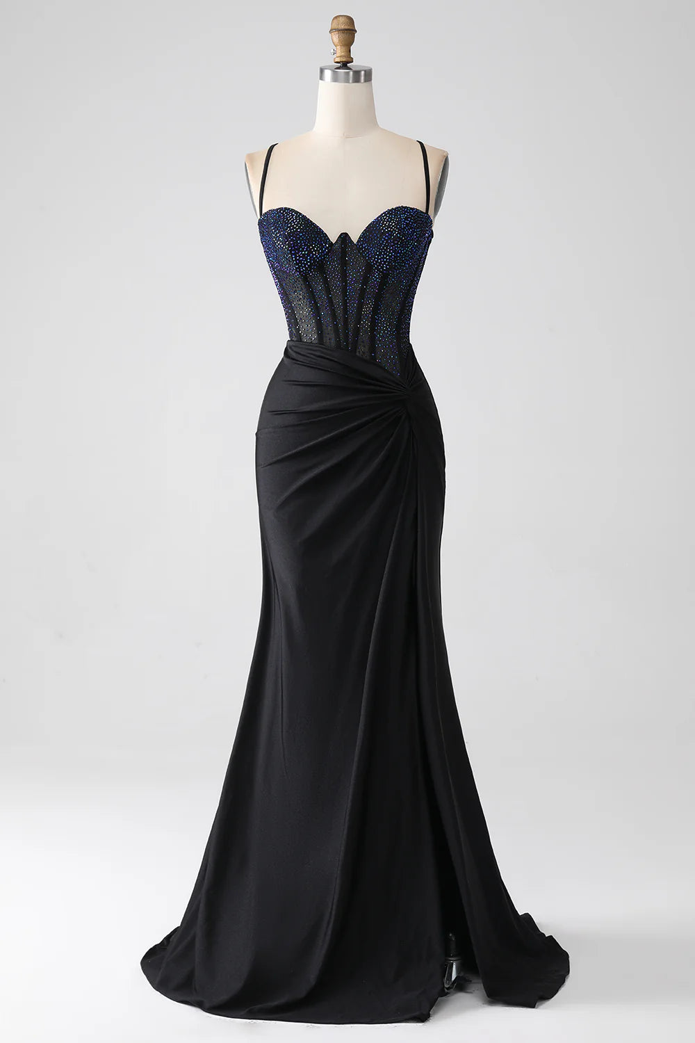 Black Mermaid Spaghetti Straps Floor Length Corset Prom Dress With Beading Black Evening Dress