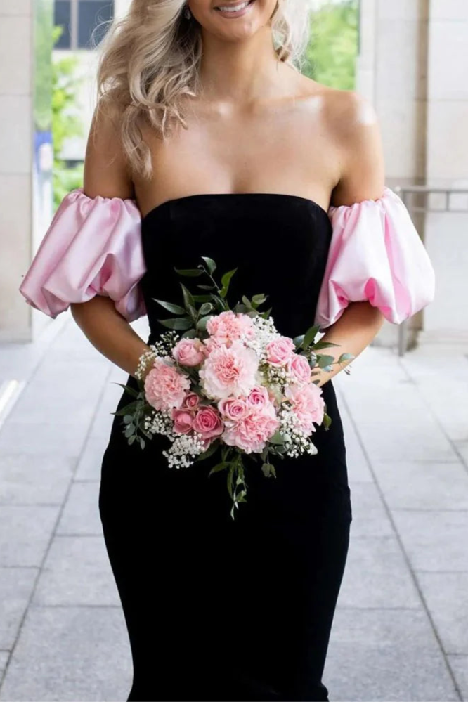 Black Mermaid Velvet Strapless Long Evening Dress Prom Dress With Detachable Sleeves