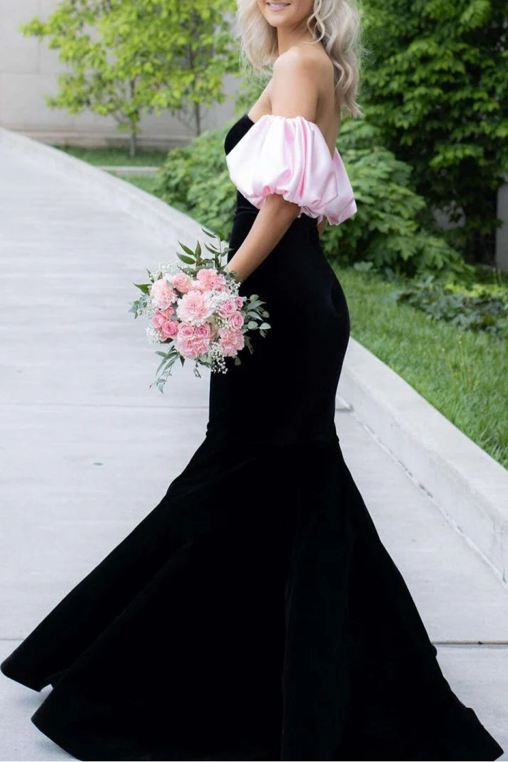 Black Mermaid Velvet Strapless Long Evening Dress Prom Dress With Detachable Sleeves