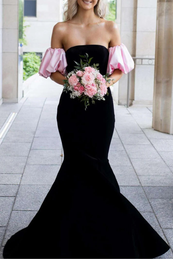 Black Mermaid Velvet Strapless Long Evening Dress Prom Dress With Detachable Sleeves