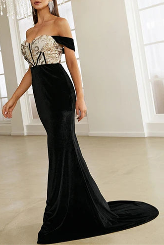 Black Off-the-Shoulder Sweetheart Collar Mermaid Corset Floor length Long Formal Dress