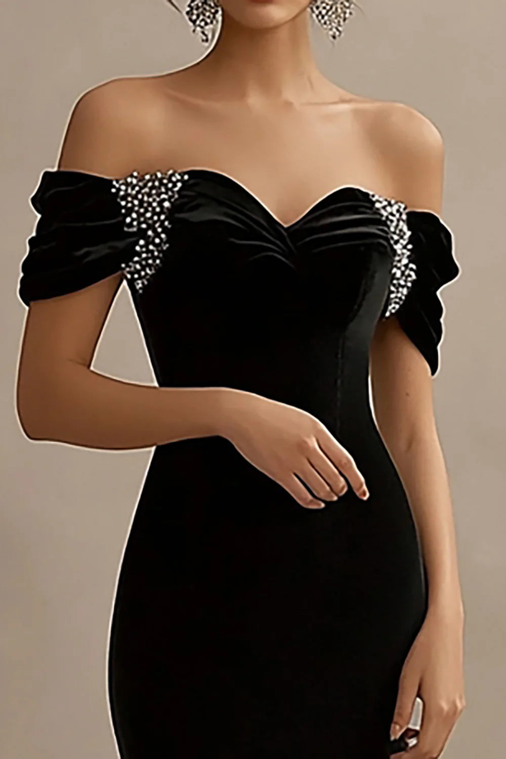 Black Off The Shoulder Sweetheart Collar Mermaid Slit Long Evening Dress With Beading