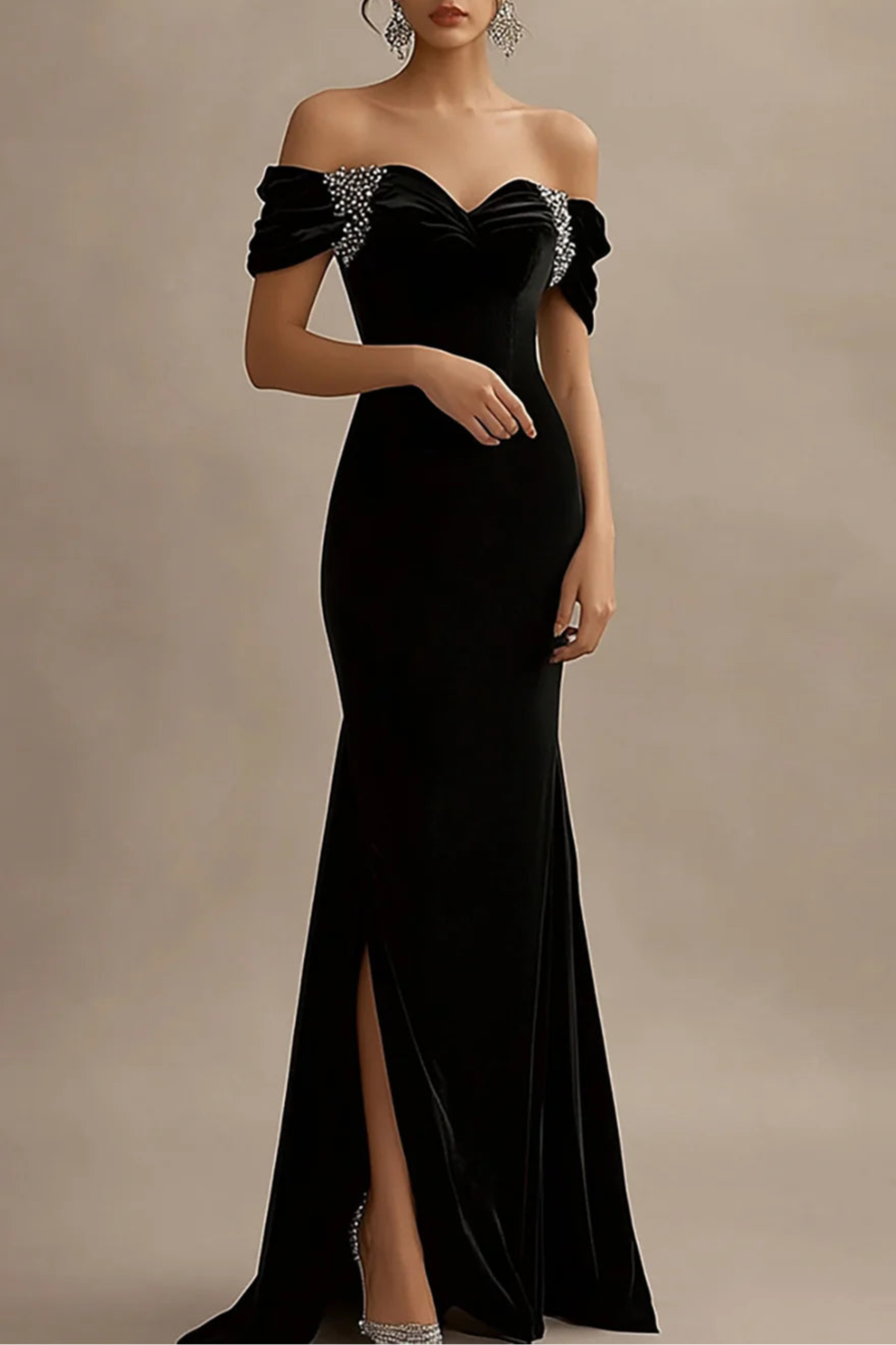Black Off The Shoulder Sweetheart Collar Mermaid Slit Long Evening Dress With Beading