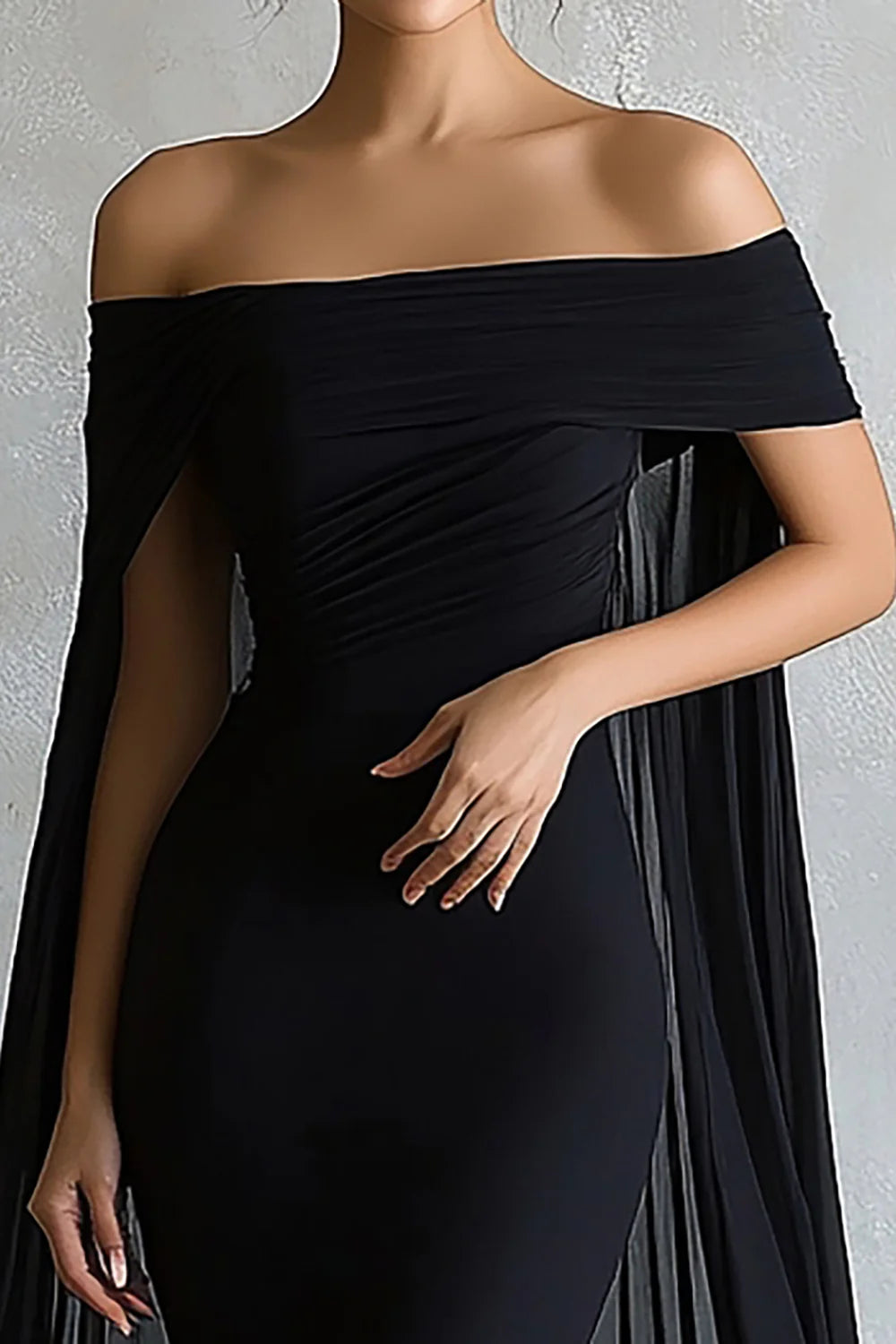 Black Off the Shoulder With Cape Mermaid Floor Length Long Evening Dress Black Prom Dress