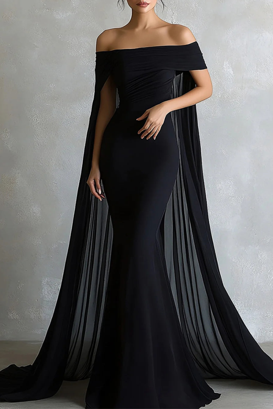 Black Off the Shoulder With Cape Mermaid Floor Length Long Evening Dress Black Prom Dress
