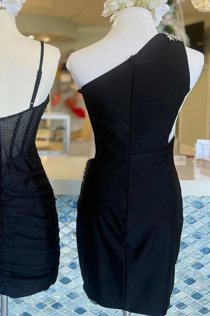 Black One-Shoulder Hollow Short Dress Homecoming Dress With Rhinestones