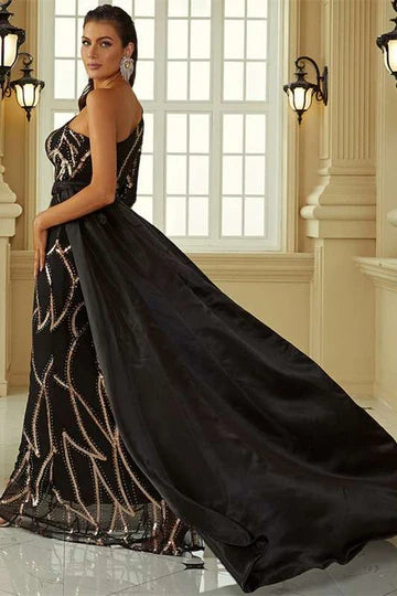 Black One-Sleeve Attached Train With Beaded Formal Dress Evening Dress