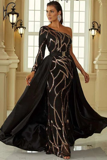 Black One-Sleeve Attached Train With Beaded Formal Dress Evening Dress