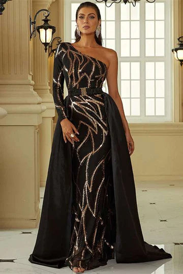Black One-Sleeve Attached Train With Beaded Formal Dress Evening Dress