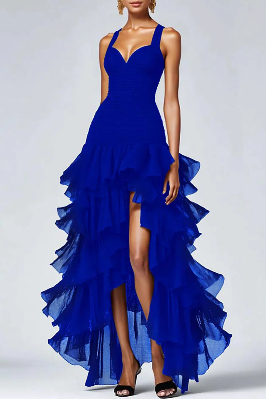 Black Organza Pleated A-Line High-Low Formal Dress Black Evening Dress With Tiered Ruffle Slit