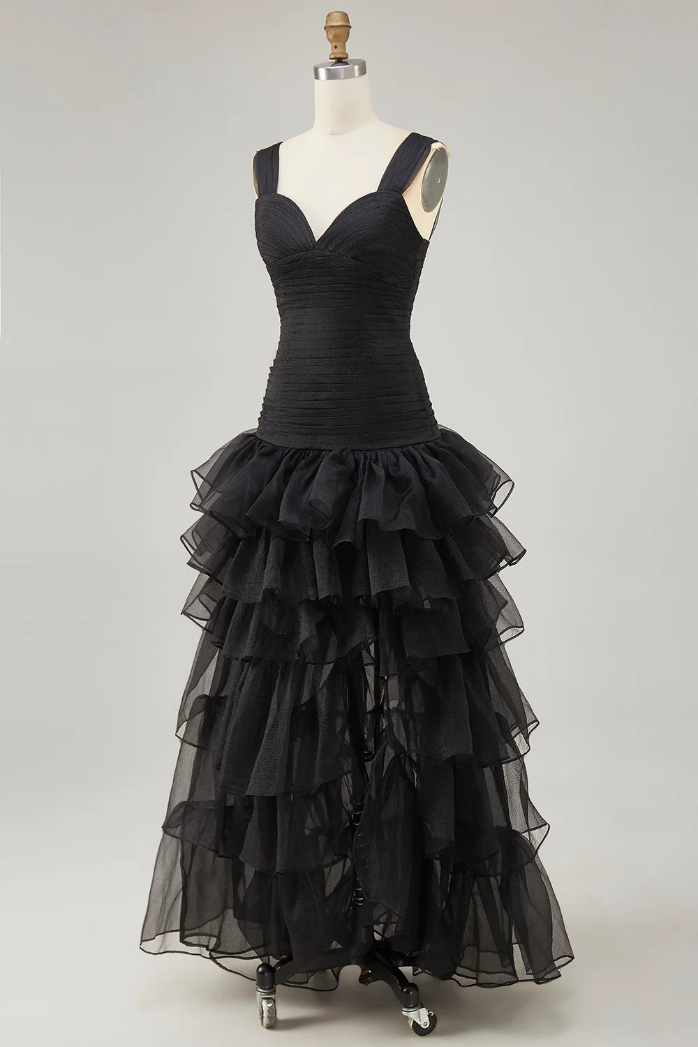 Black Organza Pleated A-Line High-Low Formal Dress Black Evening Dress With Tiered Ruffle Slit