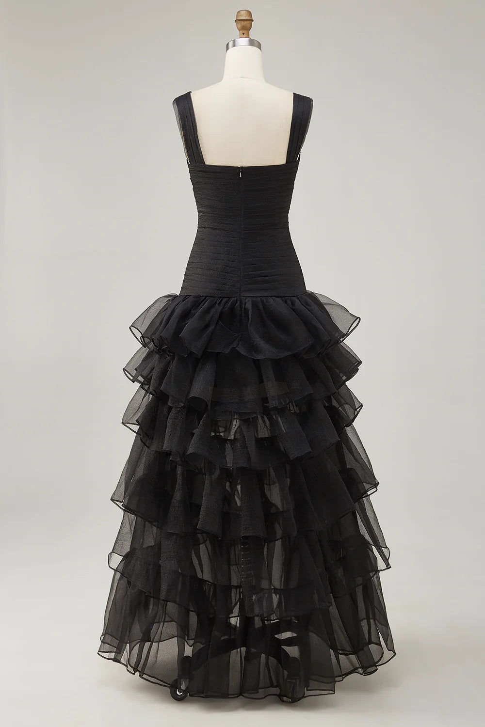 Black Organza Pleated A-Line High-Low Formal Dress Black Evening Dress With Tiered Ruffle Slit