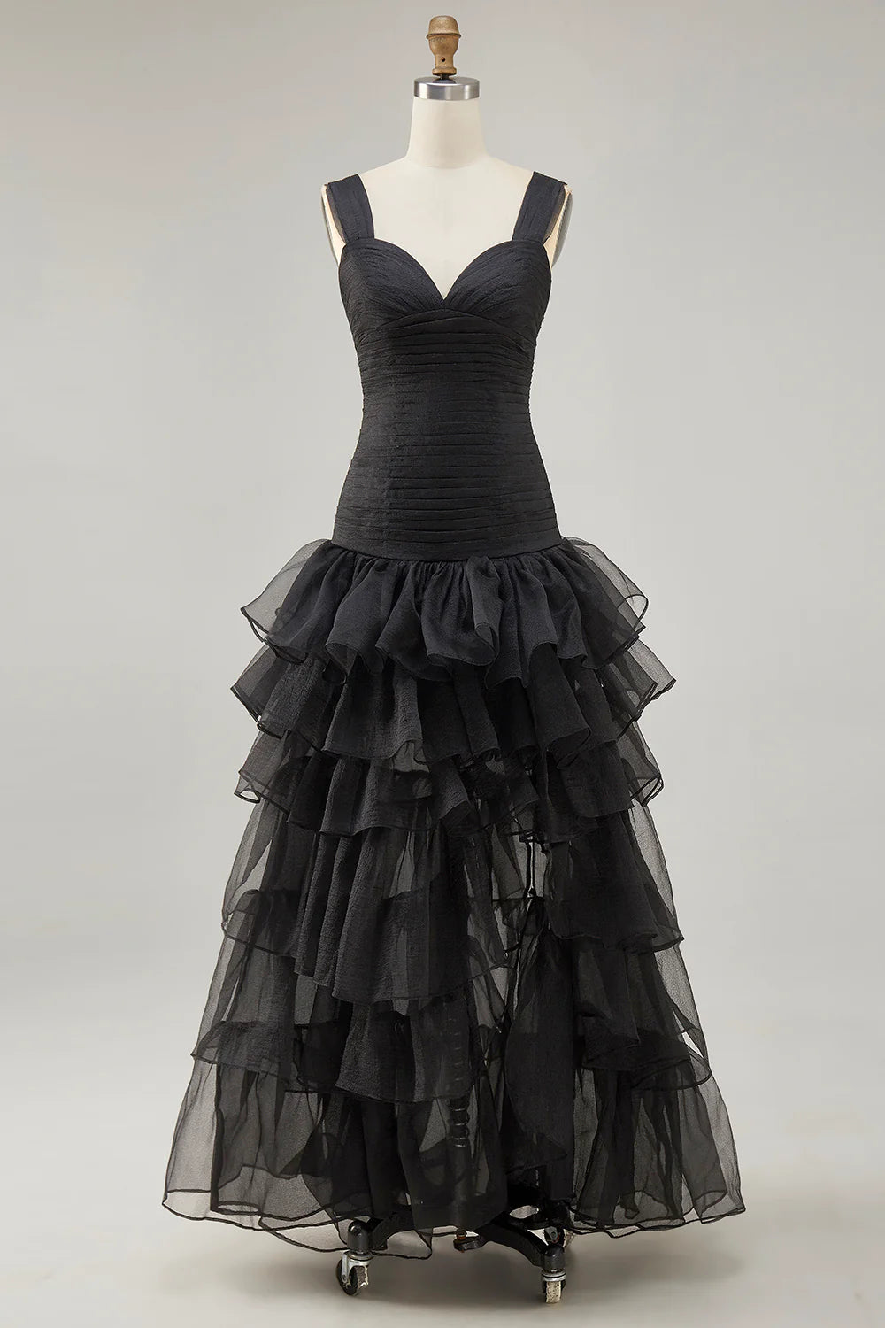 Black Organza Pleated A-Line High-Low Formal Dress Black Evening Dress With Tiered Ruffle Slit