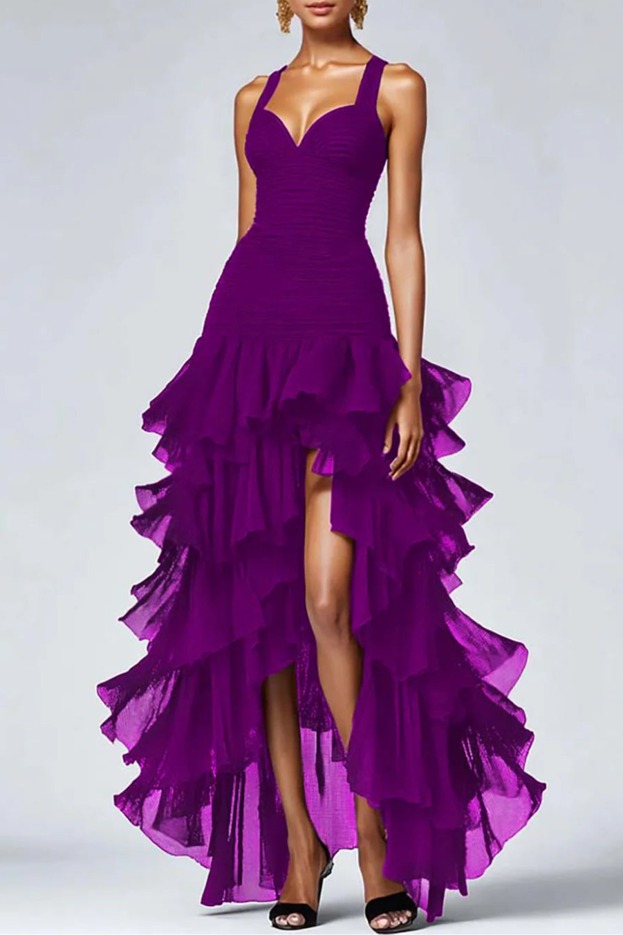 Black Organza Pleated A-Line High-Low Formal Dress Black Evening Dress With Tiered Ruffle Slit