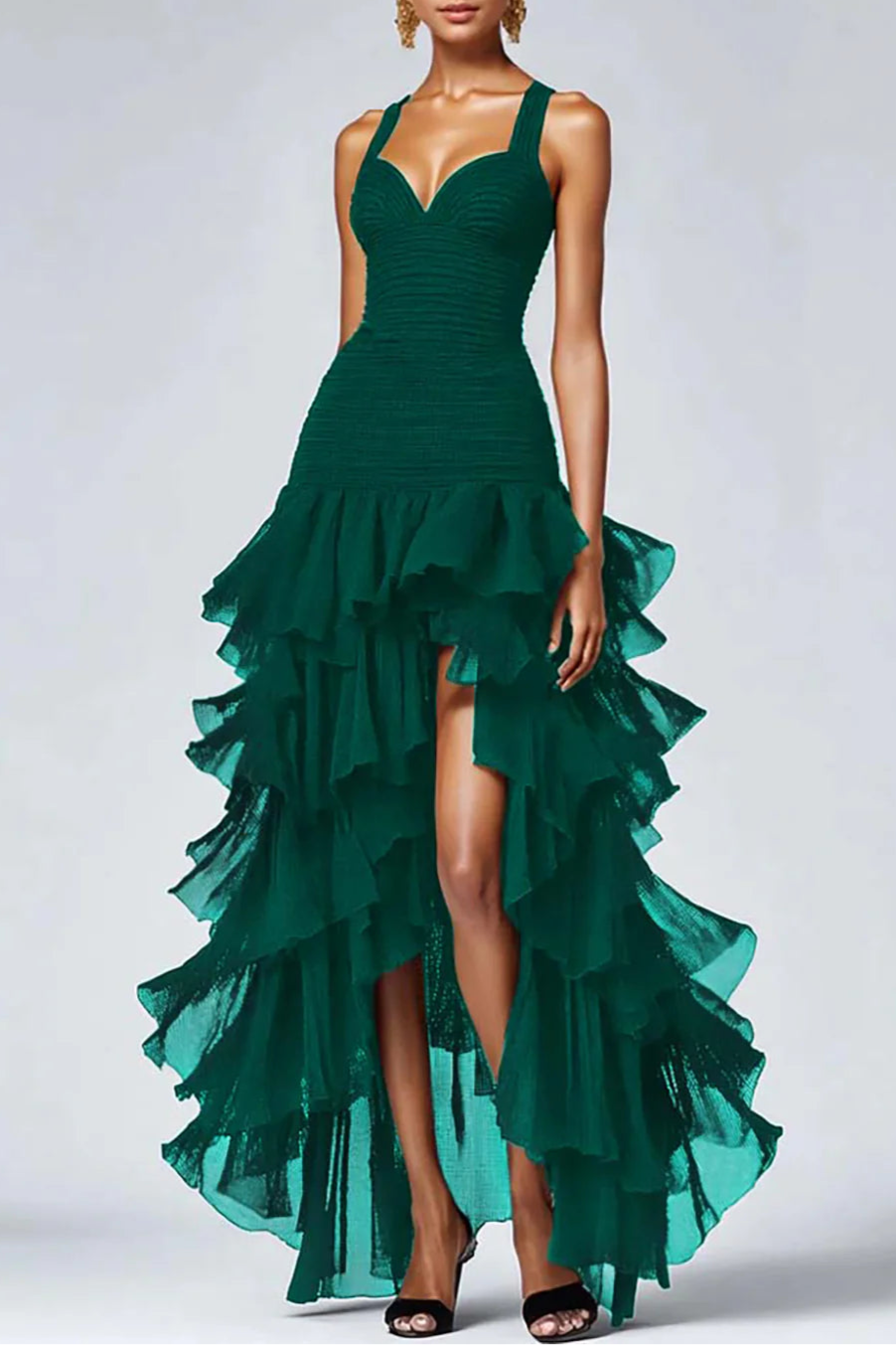 Black Organza Pleated A-Line High-Low Formal Dress Black Evening Dress With Tiered Ruffle Slit