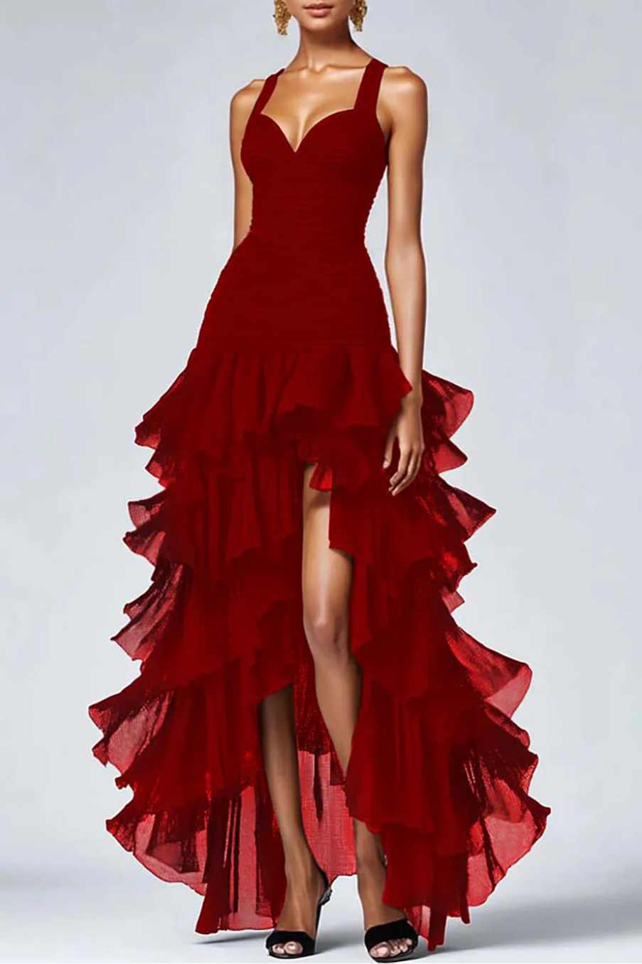 Black Organza Pleated A-Line High-Low Formal Dress Black Evening Dress With Tiered Ruffle Slit