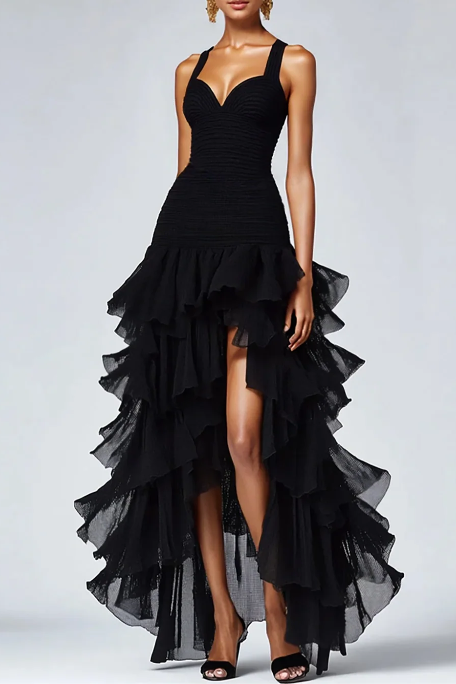 Black Organza Pleated A-Line High-Low Formal Dress Black Evening Dress With Tiered Ruffle Slit