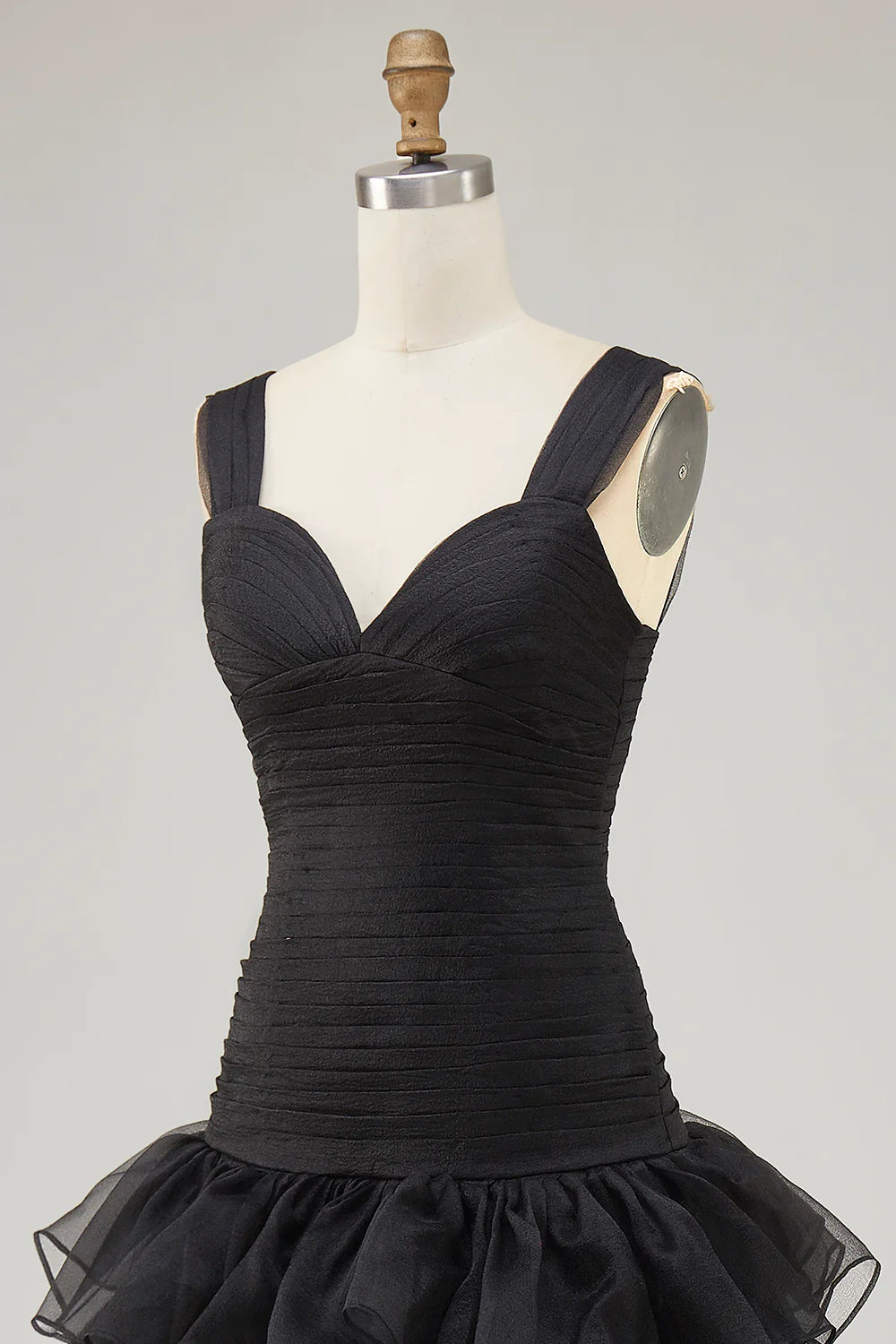 Black Organza Pleated A-Line High-Low Formal Dress Black Evening Dress With Tiered Ruffle Slit