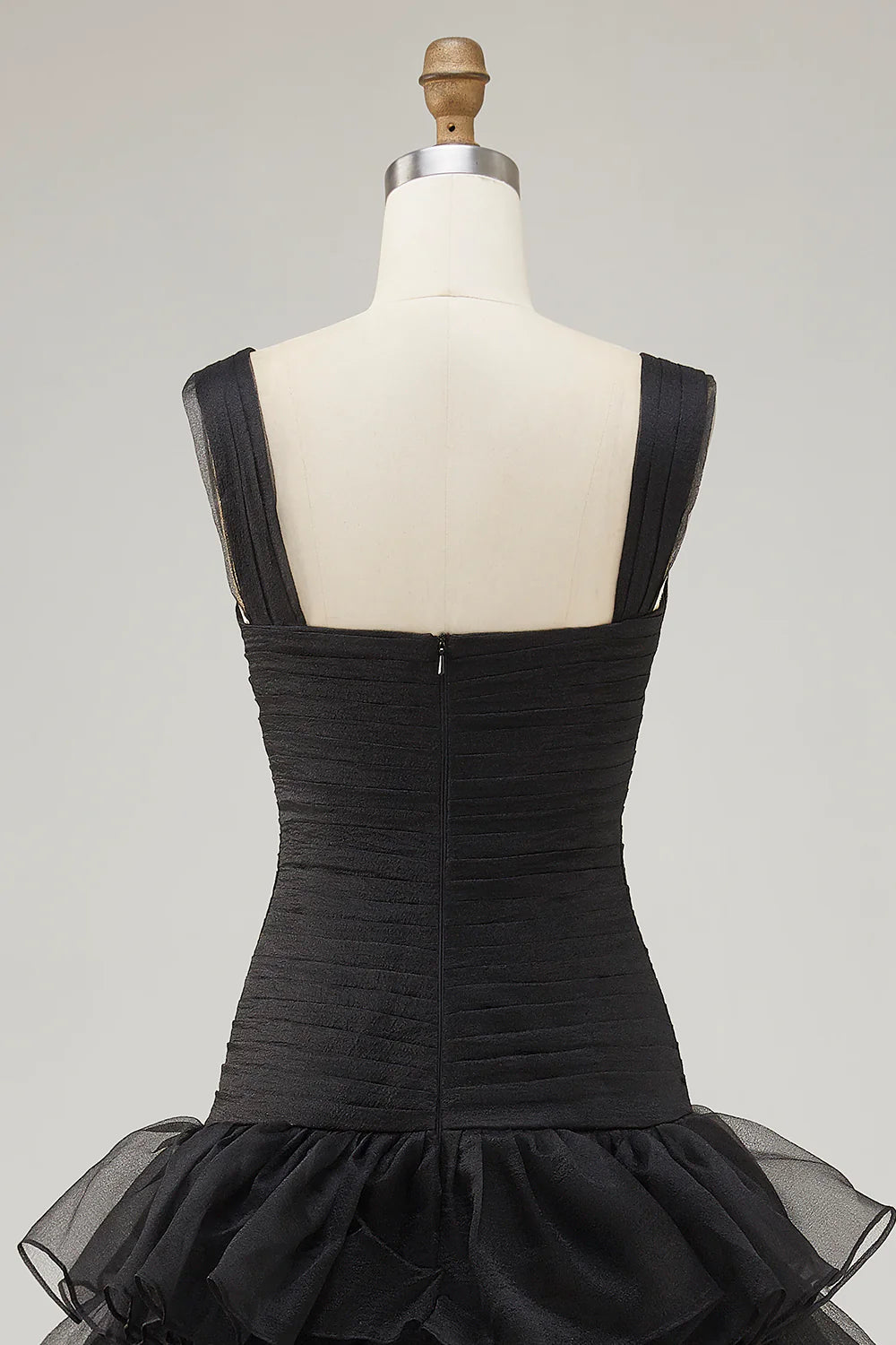 Black Organza Pleated A-Line High-Low Formal Dress Black Evening Dress With Tiered Ruffle Slit